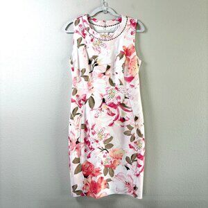 Calvin Klein Sheath Dress Women 12 Pink Floral Pearl Accent Neckline‎ Sleeveless